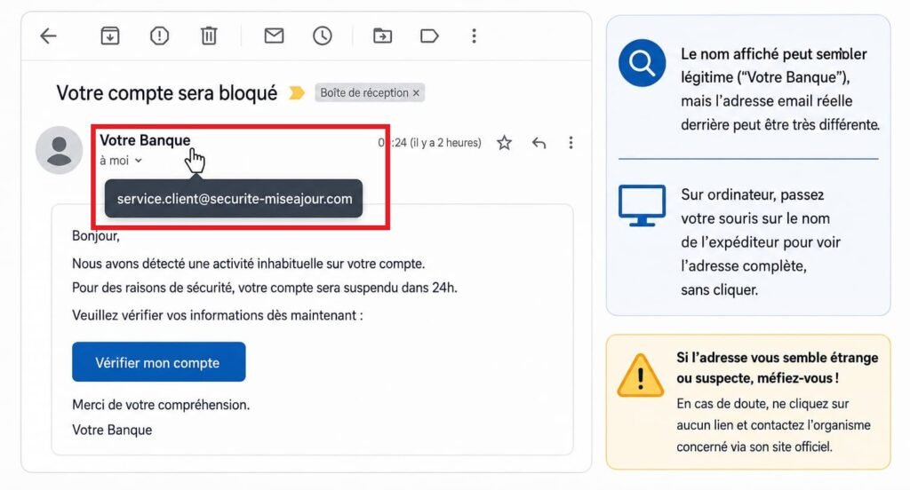 Adresse email suspecte révélée en survolant le nom