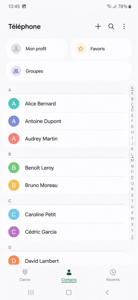 Application Contacts ou onglet Contacts