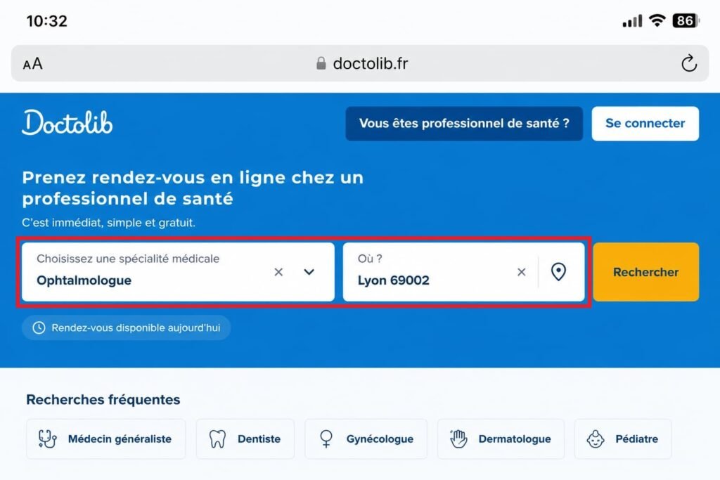 Barre de recherche Doctolib avec spécialité et ville
