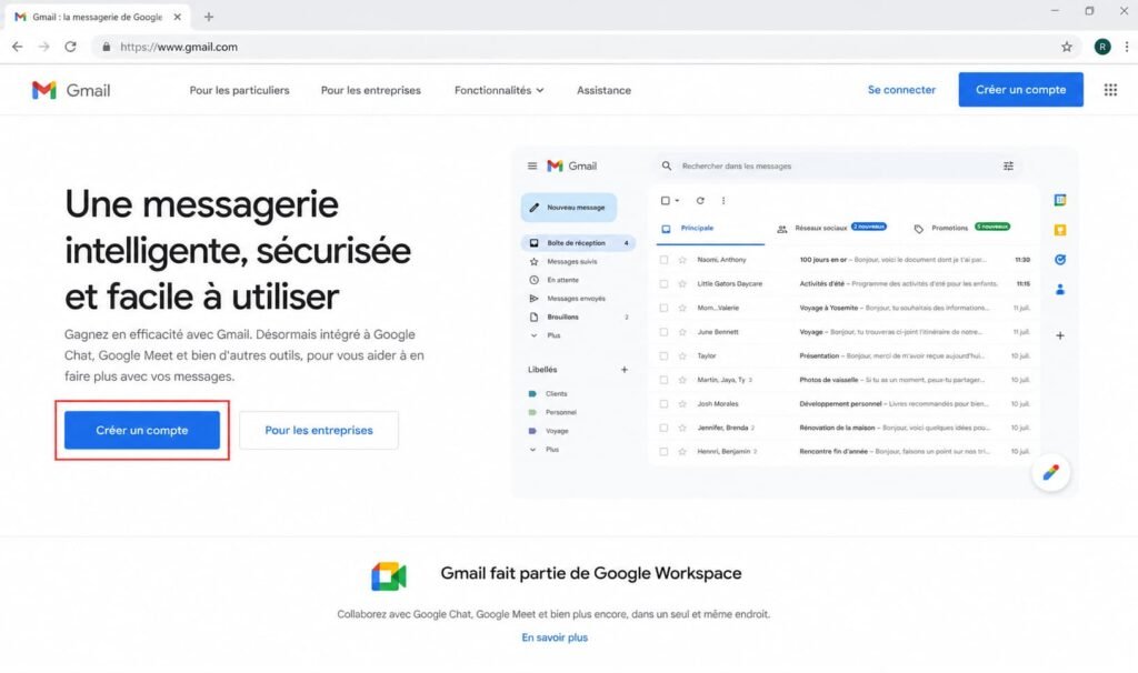Bouton « Créer un compte » sur la page Gmail