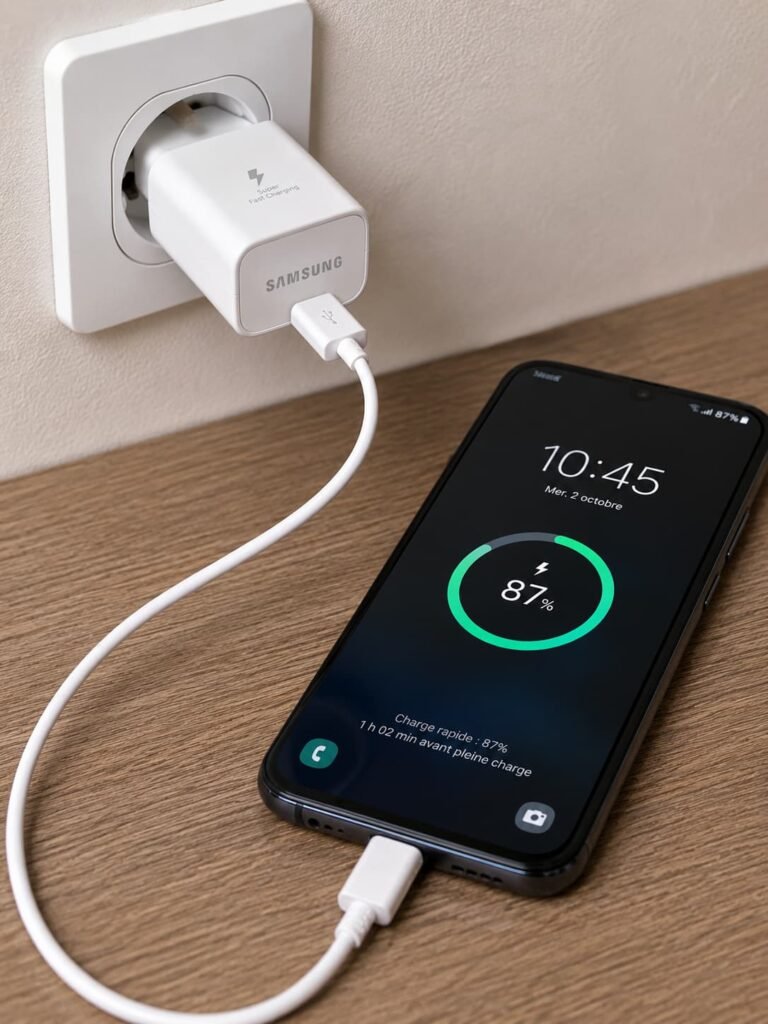 Chargeur officiel branché au téléphone