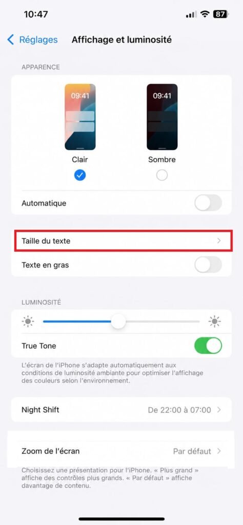 Taille du texte sur iPhone
