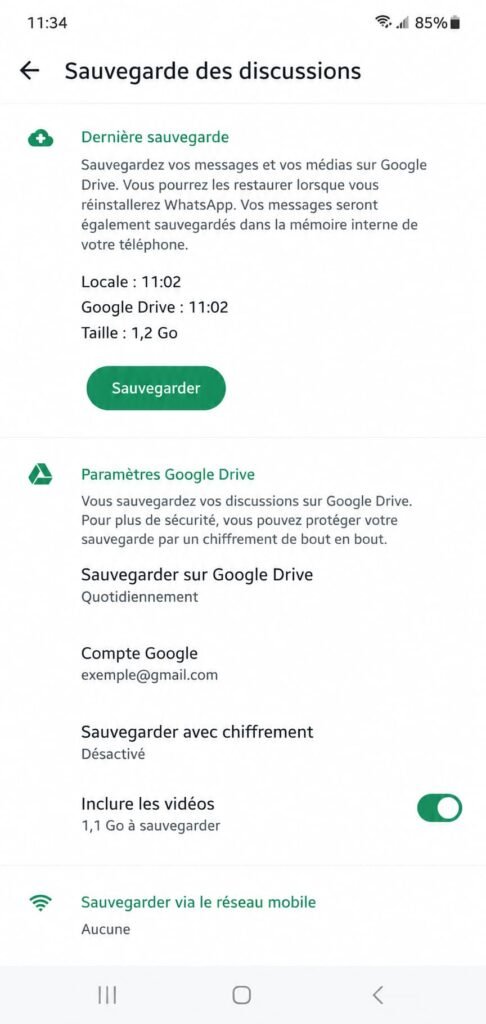 Ecran Sauvegarde des discussions sur Android