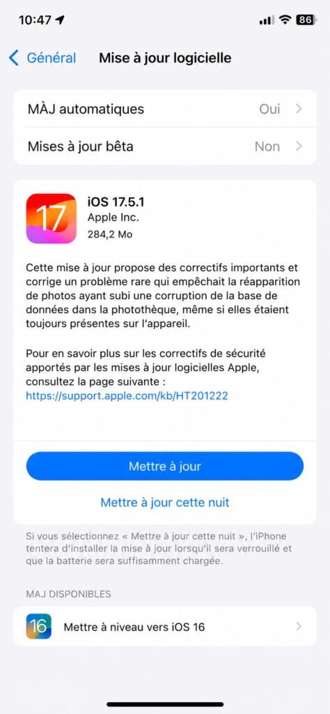 Ecran de mise à jour logicielle sur iPhone