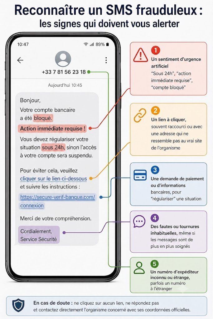 Exemple de SMS frauduleux avec les signes annotés