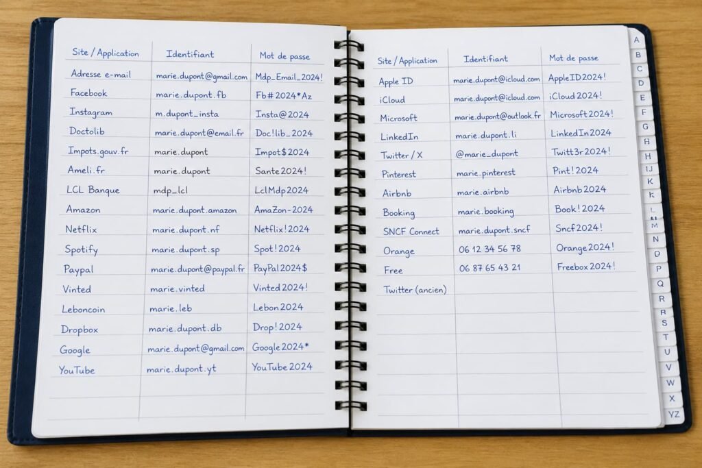 Exemple de carnet de mots de passe (illustration)