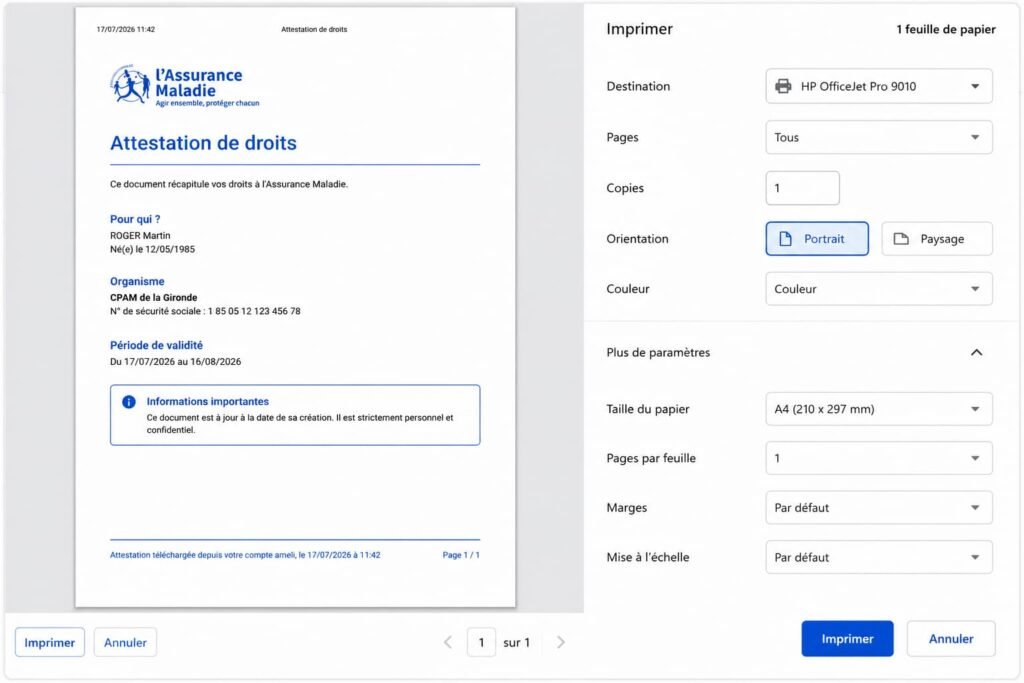 Fenêtre d'impression sur ordinateur