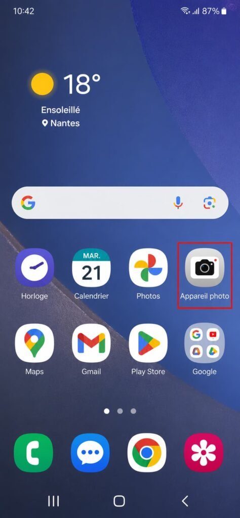 Icône appareil photo sur l'écran d'accueil