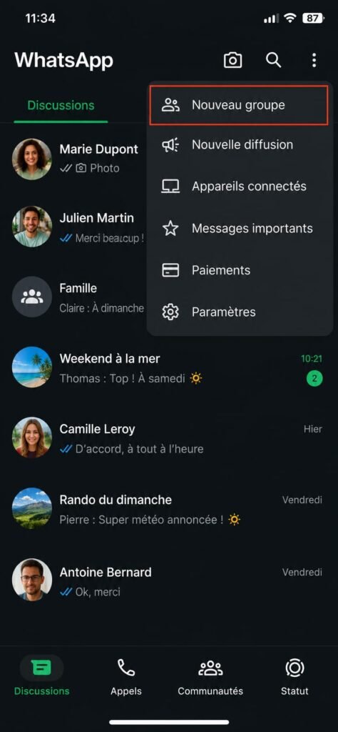 Menu avec l'option « Nouveau groupe »
