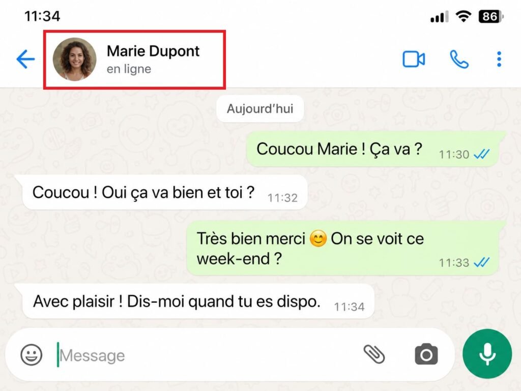 Nom du contact en haut de la conversation