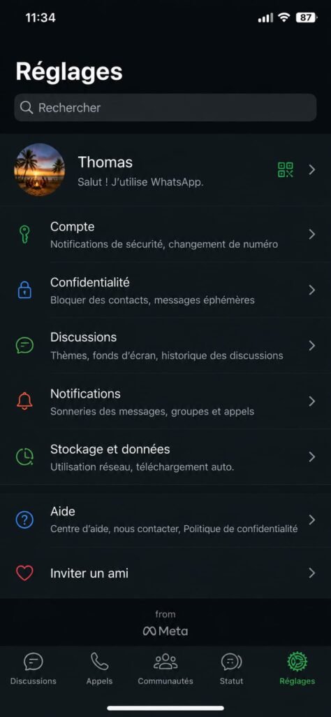 Onglet Réglages de WhatsApp