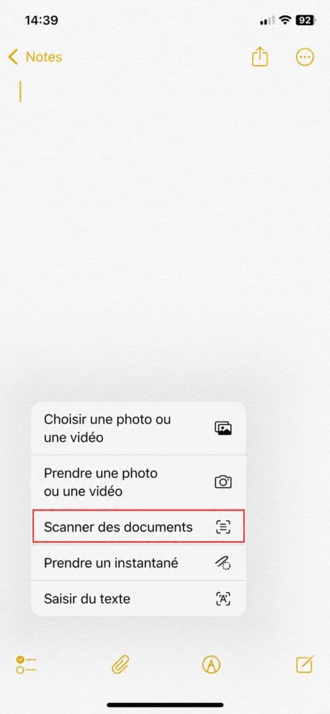 Option « Scanner des documents » dans Notes
