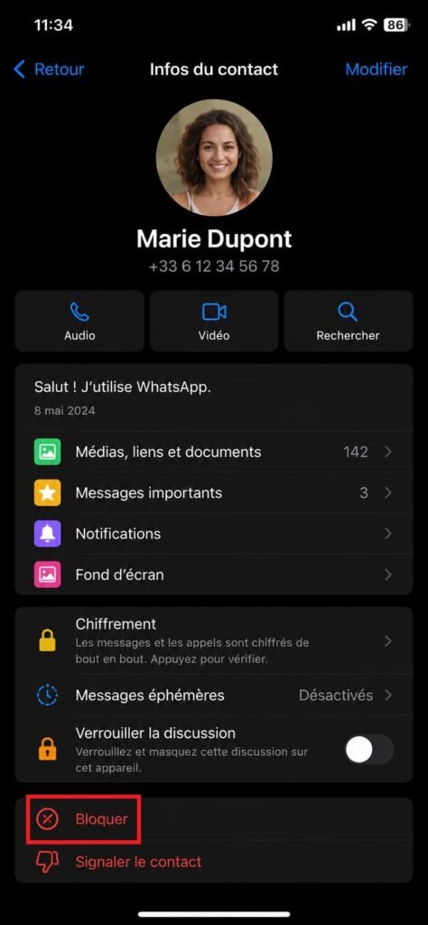 Bouton « Bloquer » en bas de la fiche contact