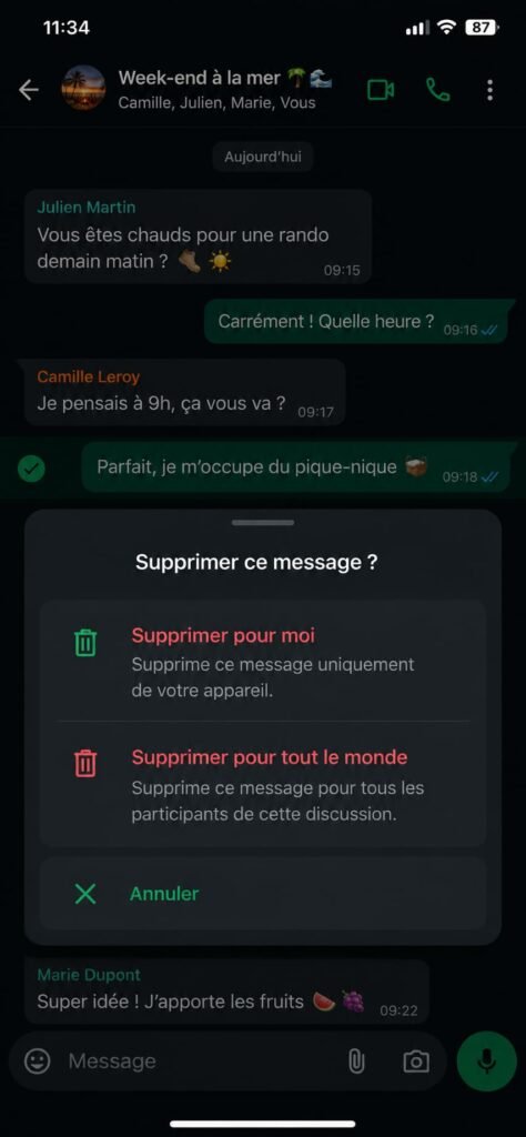 Choix entre « Supprimer pour moi » et « Supprimer pour tout le monde »