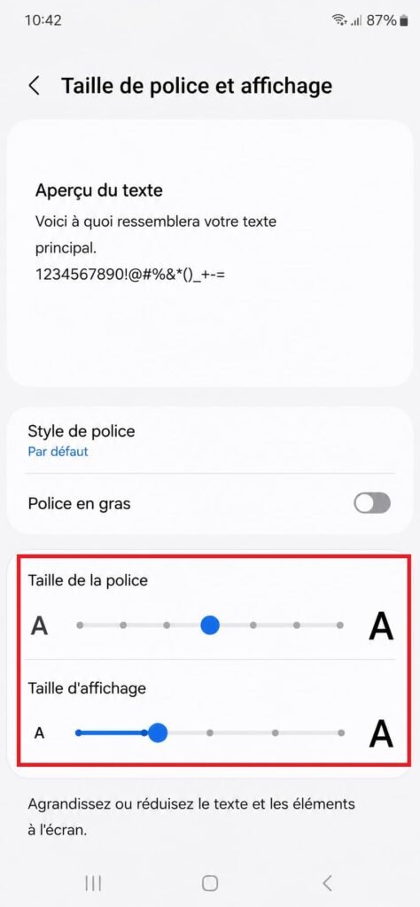 Curseur de taille du texte sur Android