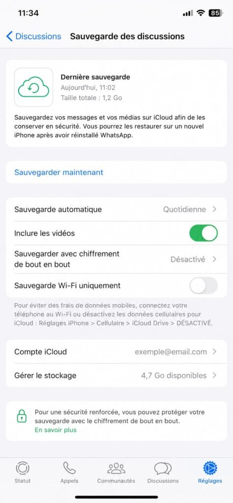 Ecran Sauvegarde des discussions sur iPhone