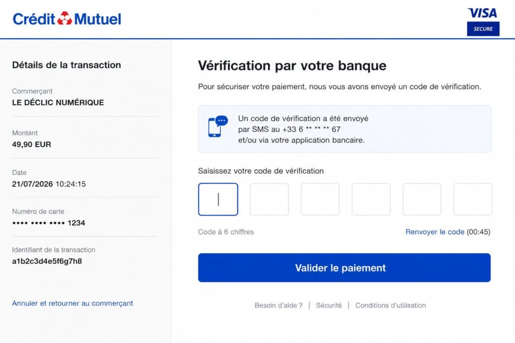 Ecran de saisie du code de vérification bancaire