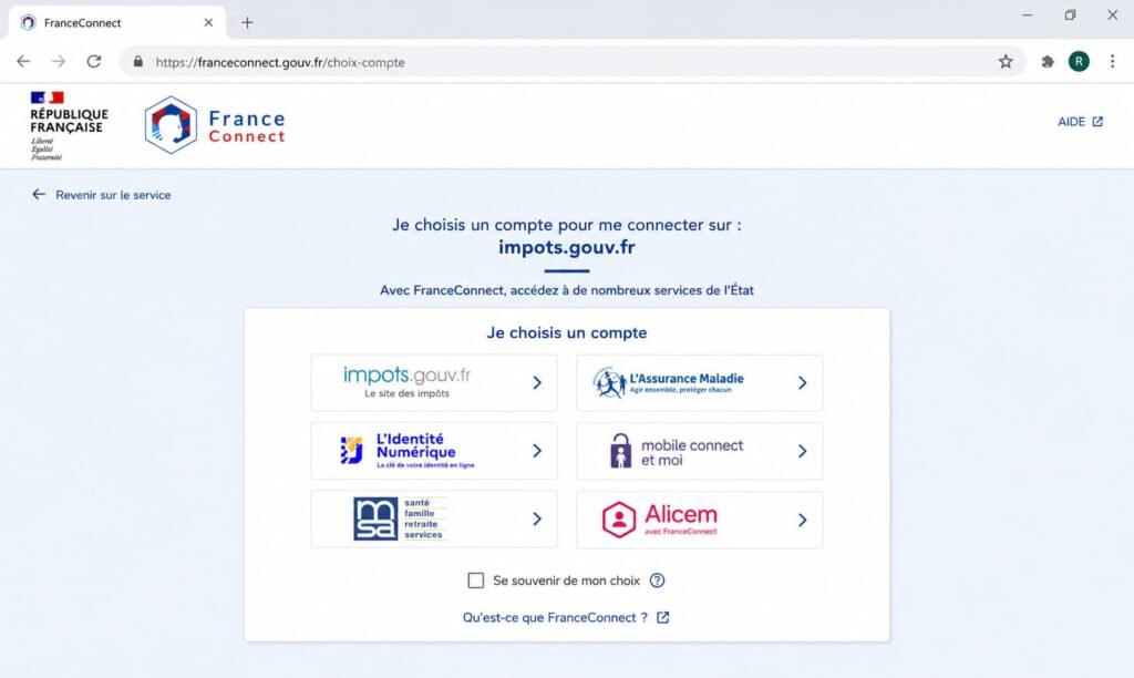 Liste des comptes possibles pour se connecter via FranceConnect