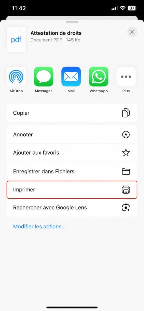 Option Imprimer dans le menu de partage sur téléphone