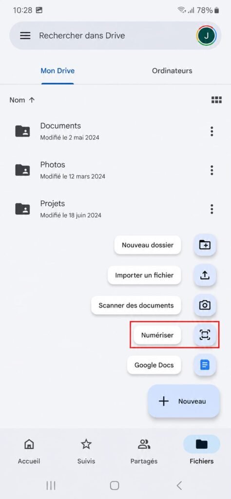 Option « Numériser » dans Google Drive
