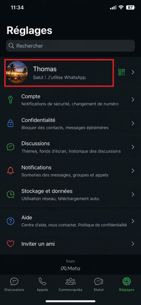 Profil en haut de l'écran des réglages