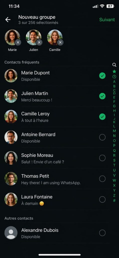 Sélection des contacts pour le groupe