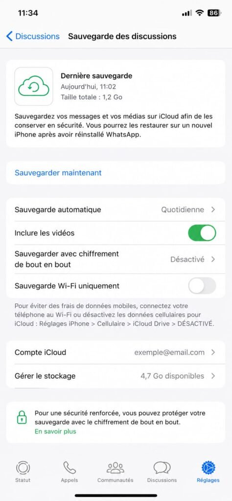 Date de dernière sauvegarde affichée