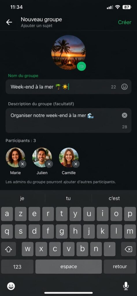 Ecran de nommage du groupe avec photo
