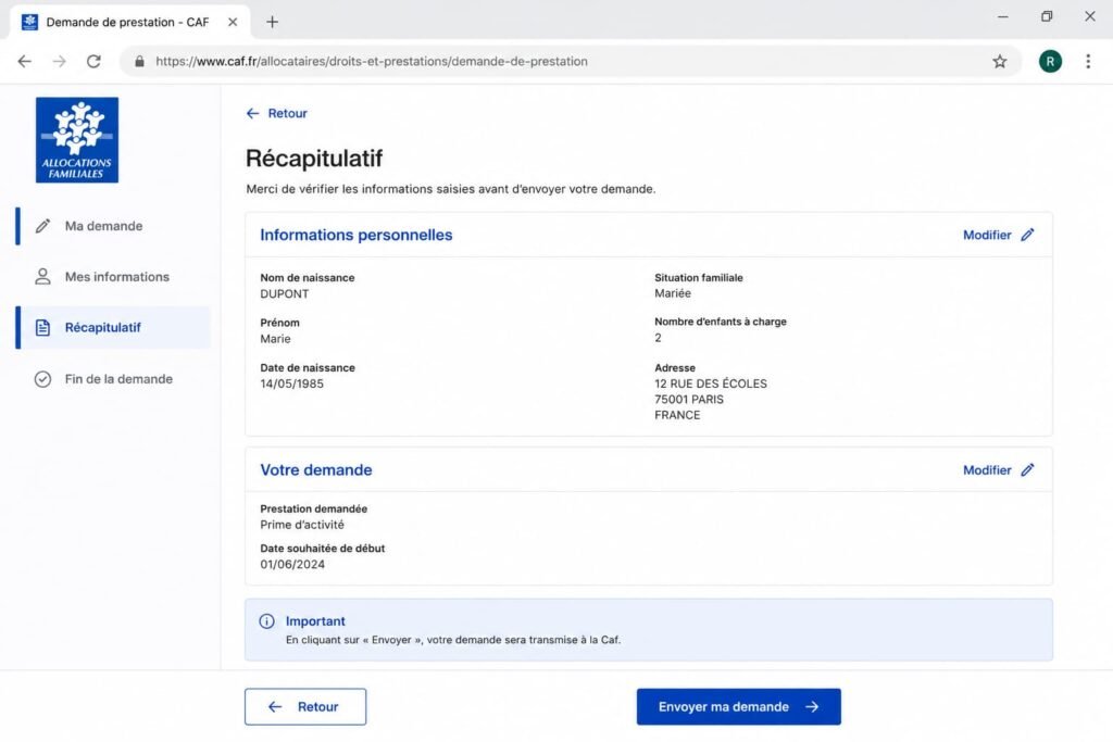 Ecran de récapitulatif avant envoi