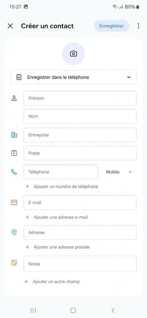 Formulaire de création de contact