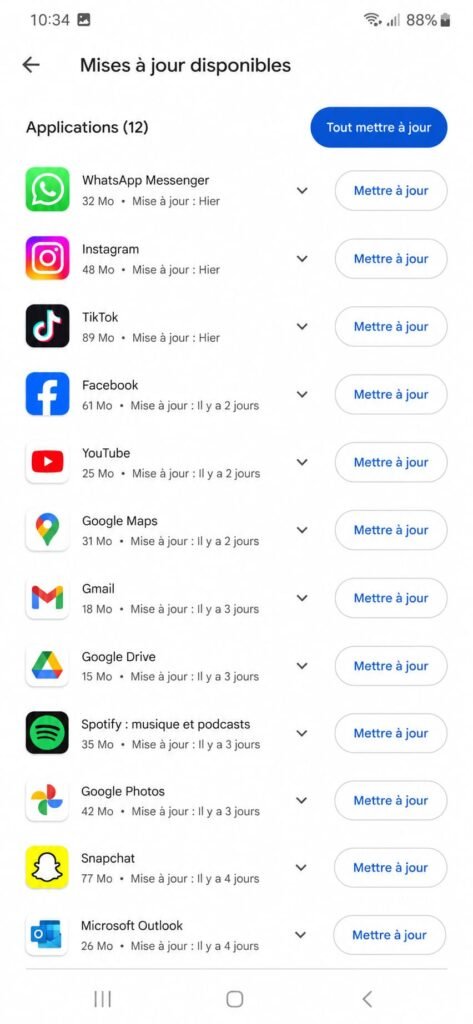 Liste des mises à jour d'applications disponibles