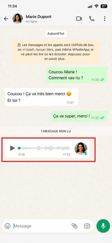 Message vocal reçu avec bouton de lecture