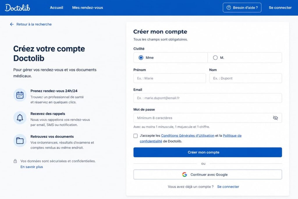 Formulaire de création de compte Doctolib